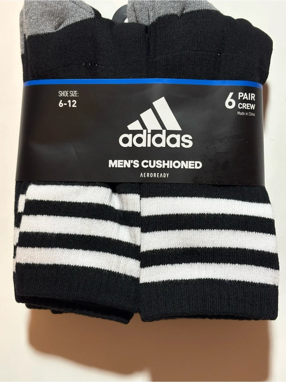 adidas 3 stripes Black & White Men's Cushioned Crew Athletic Socks - 6 Pair